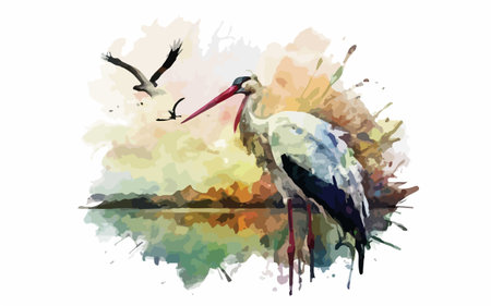 White stork on watercolor background, hand drawn vector illustration.のイラスト素材