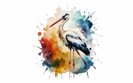 Watercolor stork on watercolor splash background. Vector illustration.のイラスト素材