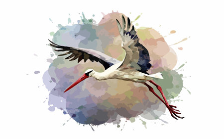 Illustration of a flying stork on a watercolor background.のイラスト素材