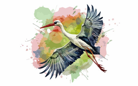Watercolor stork flying on watercolor background. Vector illustration.のイラスト素材