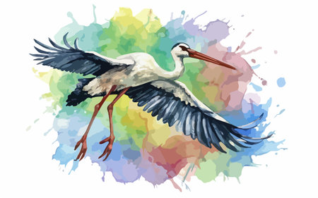 Illustration of a flying stork on a colorful watercolor backgroundのイラスト素材