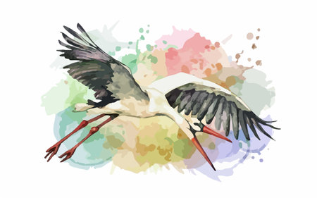 White stork flying on colorful watercolor background. Vector illustration.のイラスト素材
