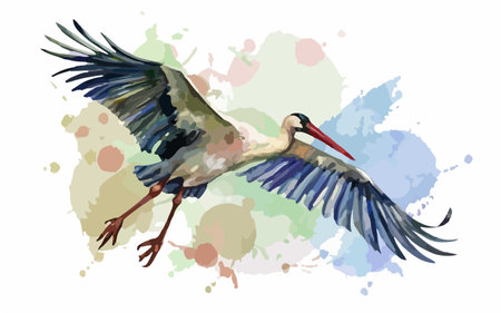 Flying stork on a colorful watercolor background. Vector illustration.のイラスト素材