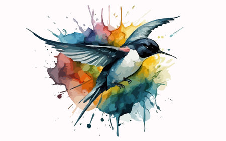 Watercolor swallow on watercolor splashes background. Vector illustration.のイラスト素材