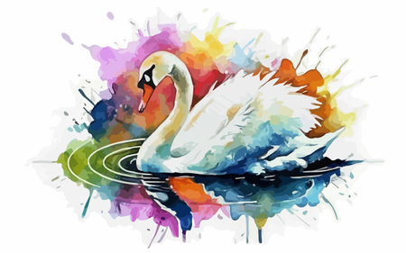 Swan and watercolor splashes on white background. Vector illustration.のイラスト素材