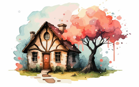 Beautiful house with a tree in the background. Vector illustration.のイラスト素材