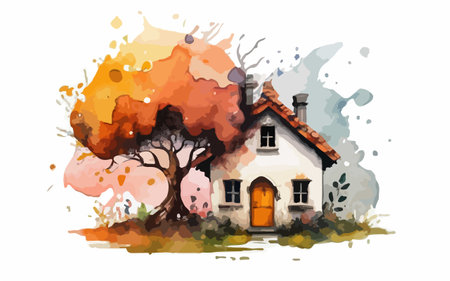 Watercolor painting of old house with tree in autumn season. Vector illustration.のイラスト素材