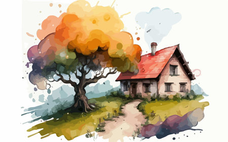 Old house with a tree in the watercolor style. Vector illustration.のイラスト素材