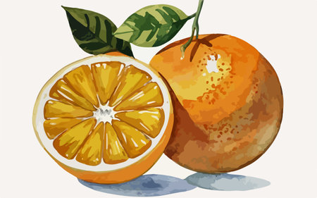 Illustration of a slice of orange with leaves on a white backgroundのイラスト素材