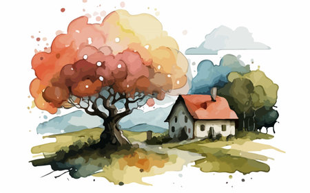 Autumn landscape with old house and a tree. Vector illustration.のイラスト素材