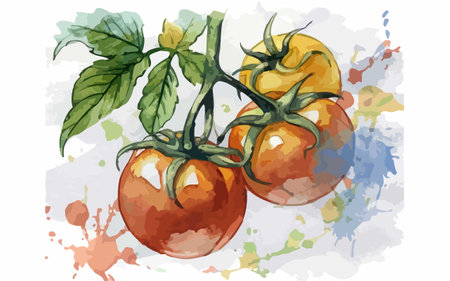 Illustration of tomatoes on a white background with watercolor splashesのイラスト素材
