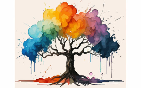 Colorful grunge tree with watercolor splashes, vector illustrationのイラスト素材