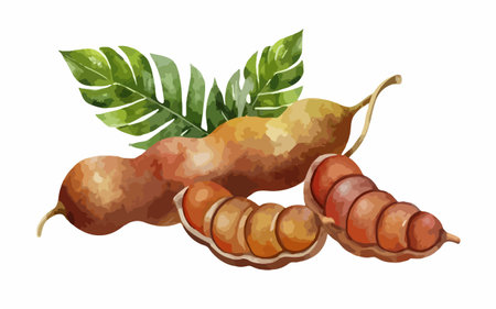 Tamarind fruit with leaves. Vector illustration isolated on white background.のイラスト素材
