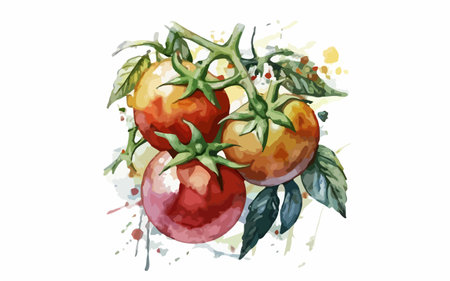 Illustration of cherry tomatoes with watercolor splashes on white backgroundのイラスト素材