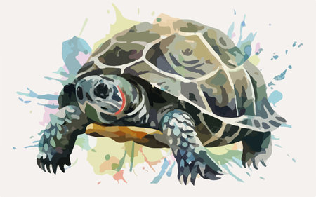 Turtle on the background of watercolor splashes. Vector illustrationのイラスト素材
