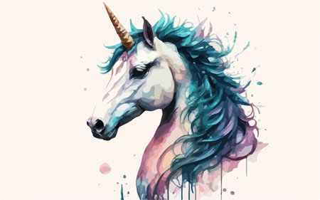 Unicorn head. Watercolor hand drawn unicorn vector illustration.のイラスト素材