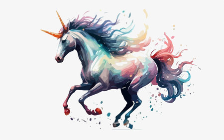 Unicorn running on white background. Vector watercolor illustration.のイラスト素材
