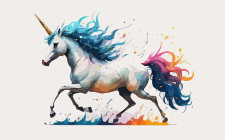 Unicorn with rainbow mane running on a white background.のイラスト素材
