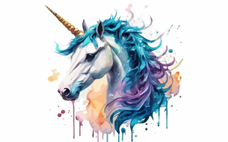 Unicorn head with colorful blots and splashes. Vector illustrationのイラスト素材