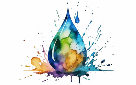 Water drop with colorful splashes on white background. Vector illustration.のイラスト素材