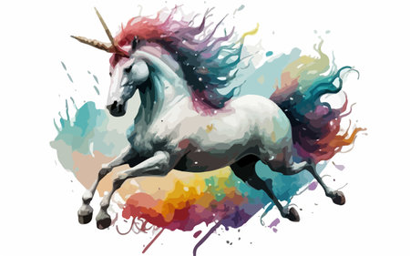 Unicorn running on colorful watercolor splashes. Vector illustrationのイラスト素材