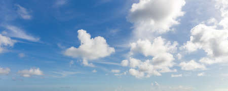 Panorama of blue sky with white clouds in clear weatherの写真素材