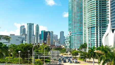 Miami, USA - September 11, 2019: View of Miami downtown with skyscrapers and palm treesのeditorial素材