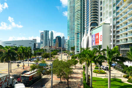Miami, USA - September 11, 2019: View of Miami downtown with skyscrapers and palm treesのeditorial素材