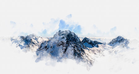 Watercolor painting effect illustration of high mountains covered with snow