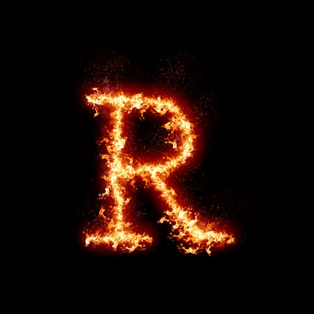 Letter R burning in fire, digital art isolated on black background, a letter from alphabet setの写真素材