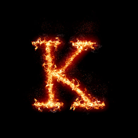 Letter K burning in fire, digital art isolated on black background, a letter from alphabet setの写真素材