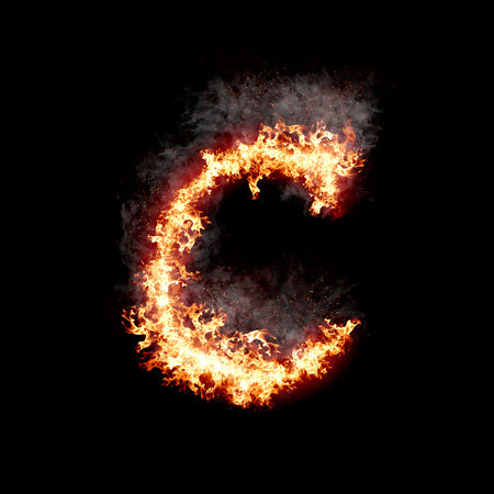 Letter C burning in fire with smoke, digital art isolated on black background, a letter from...