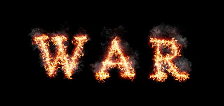 Word war burning with fire and smoke, digital art isolated on black backgroundの写真素材