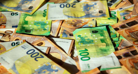 Euro cash banknotes of different denominations close-up textureの写真素材