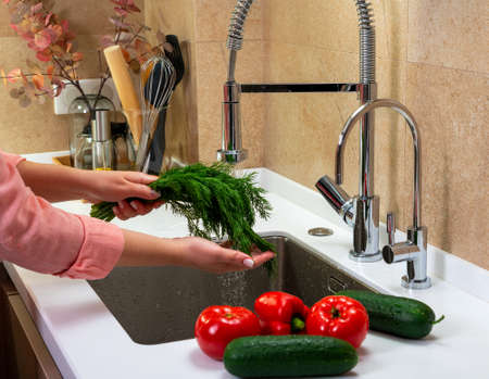 Girl washes herbs and vegetables for saladの写真素材
