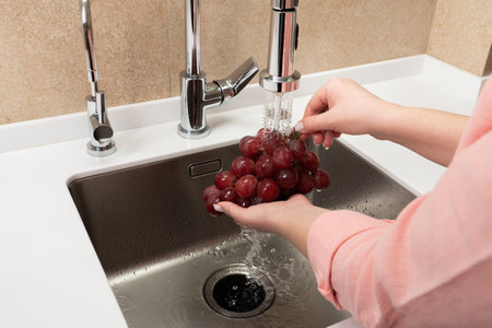 Female hands wash black grapes under the tap. Cook woman washes a bunch of black grapes under the water flowing from a tap.の写真素材