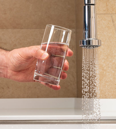 man getting a glass of water from a faucetの写真素材