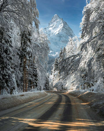 Snowy winter road in spruce forest. Beautiful winter landscape with mountain peak on backgroundの写真素材