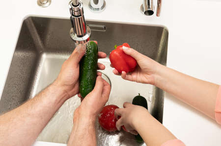 healthy food ripe vegetables for salad for a coupleの写真素材