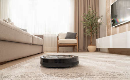 cleaning the carpet in a modern apartment with a vacuum cleaner robotの写真素材