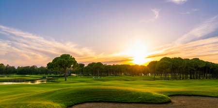 Golf course at sunset with beautiful sky and sand trap. Scenic panoramic view of golf fairway with bunker. Golf field with pinesの写真素材
