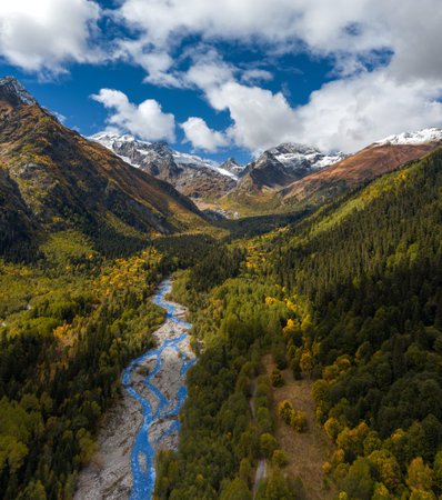 drone view of a beautiful flowing mountain river with a view of the mountain