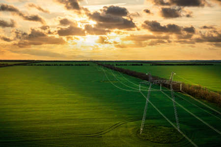 Power line in the rays of the setting sun through the green fieldsの写真素材
