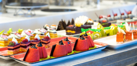 Rack with pastries and cakes in the buffet hotel barの写真素材