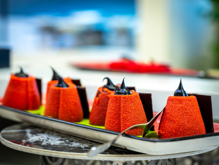 small cute cakes decorated with chocolate paste on a plate in a restaurantの写真素材