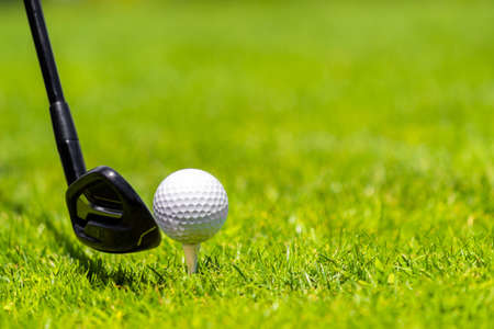 Golf ball and golf club on green grass on golf courseの写真素材