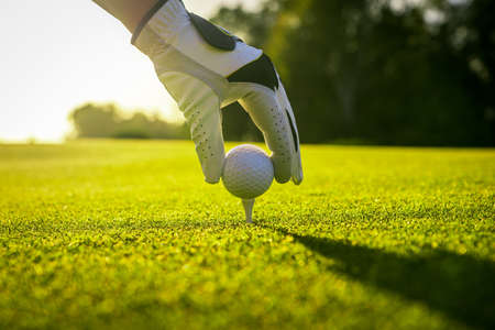 Golfer wearing glove placing golf ball on a tee at golf courseの写真素材