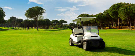 Golf cart on a golf course with green grass field with blue sky and treesの写真素材