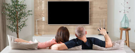 back view horizontal panorama of a couple lying on a sofa in the living roomの写真素材