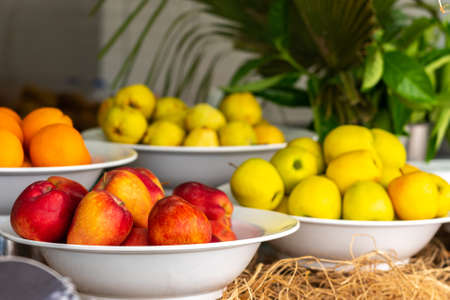 Fresh apples from farm on the table in buffet fruit lineの写真素材
